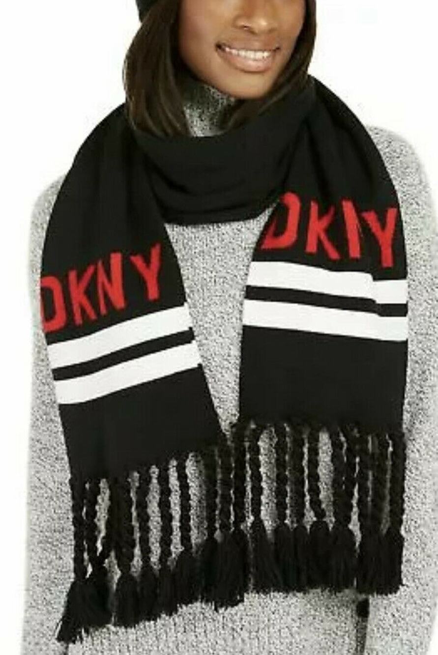 DKNY NEW Logo Stadium Scarf Tassel Fringe Black White Red Winter 68" x 8" WINTER
